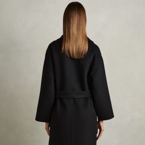 Unworn Reiss Black Bridget Belted Wool Blend Longline Coat - Picture 5 of 11